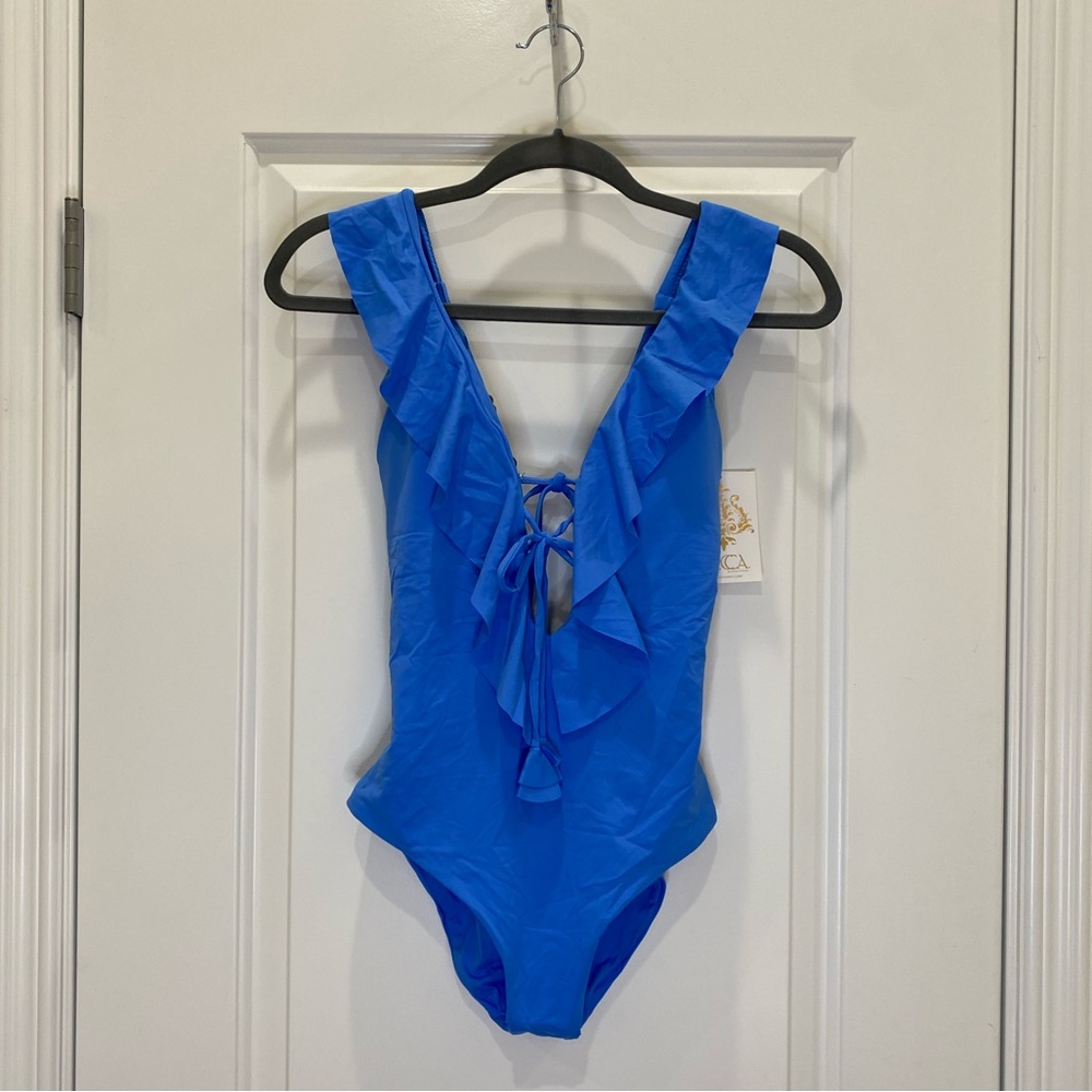 Becca One Piece Blue Ruffle Swimsuit Size L